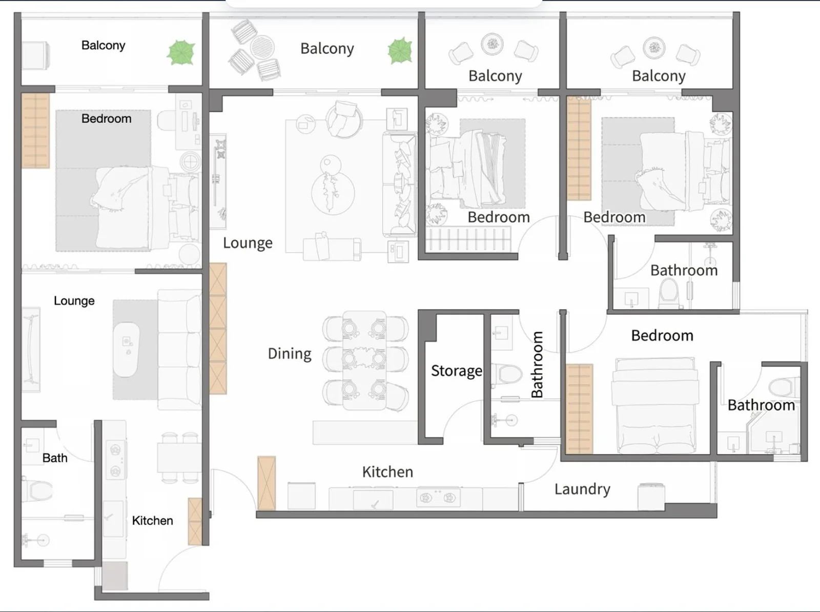 Anjoy Homes Upper Hill floor plans showing one- and three-bedroom layouts with balconies, kitchens and lounges.