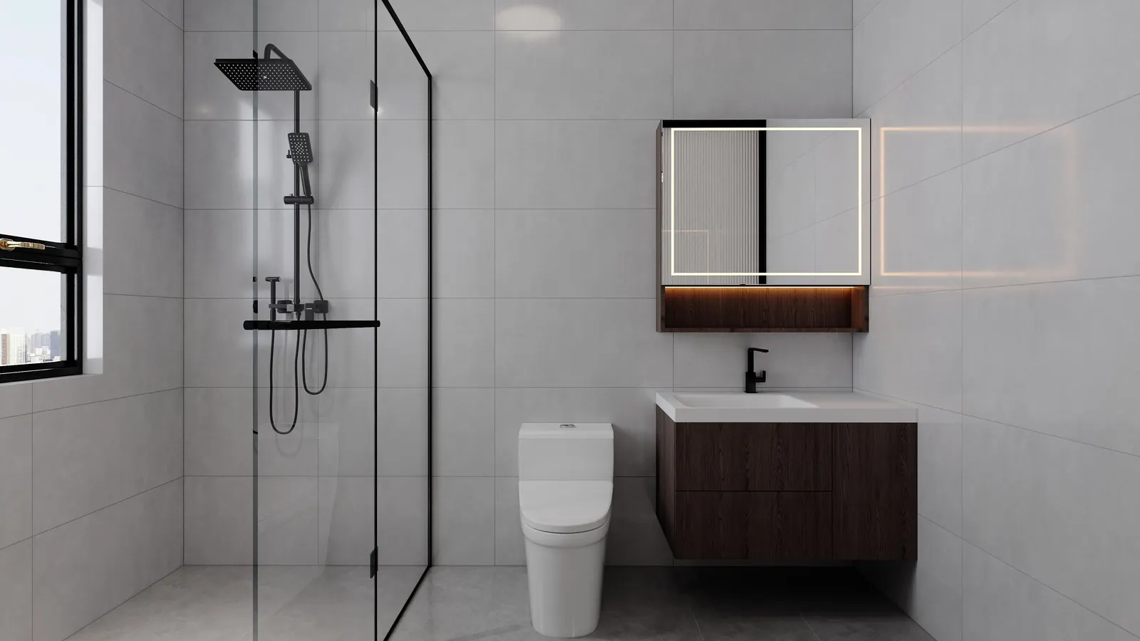 Anjoy Homes Upper Hill bathroom rendering with glass shower enclosure, toilet, floating vanity and illuminated mirror.