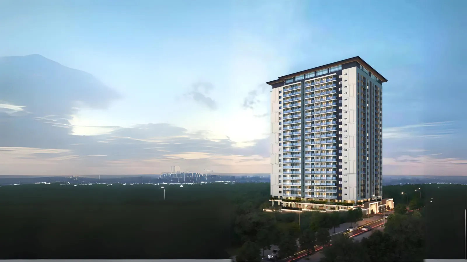Anjoy Homes Upper Hill exterior rendering showing a high-rise apartment tower beside a tree-lined road.
