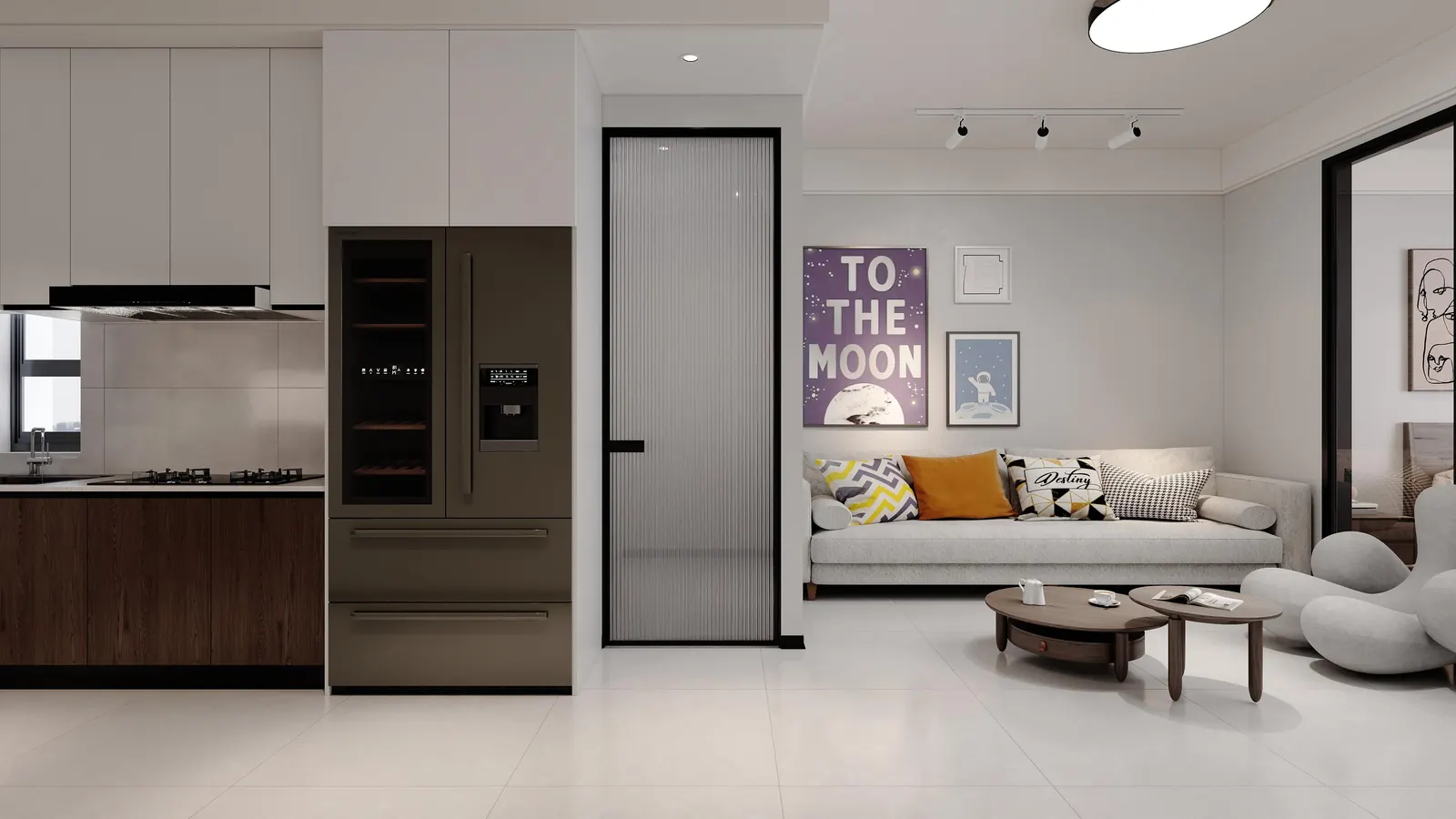 Rendered kitchen and living area with a sofa and coffee tables at Anjoy Homes, Upper Hill.