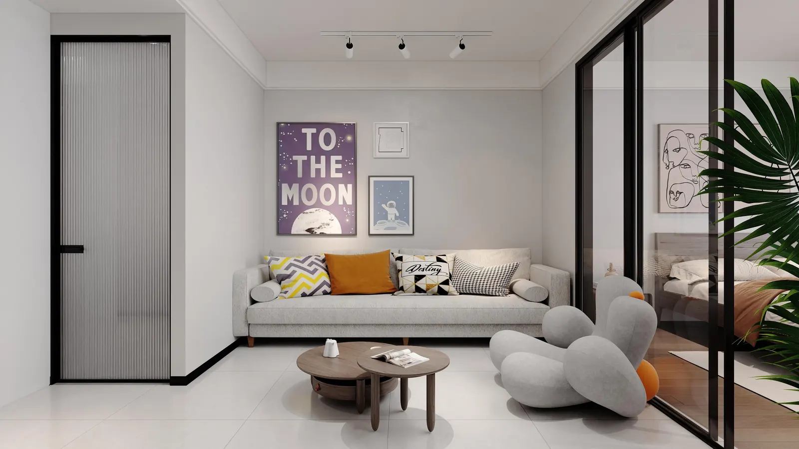 Living area rendering at Anjoy Homes, Upper Hill, with grey sofa and glass-partitioned bedroom.