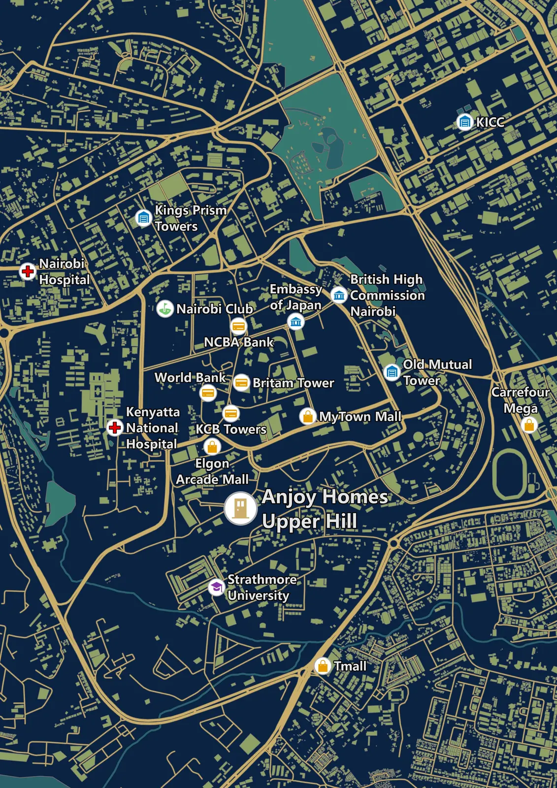 Map locating Anjoy Homes in Upper Hill, with nearby landmarks including Strathmore University and Kenyatta National Hospital.