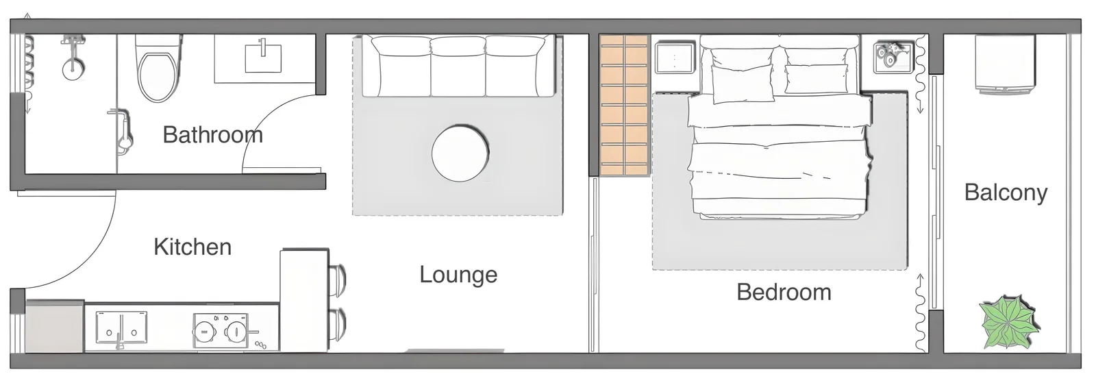 Anjoy Homes Upper Hill one-bedroom floor plan showing kitchen, lounge, bathroom and balcony.