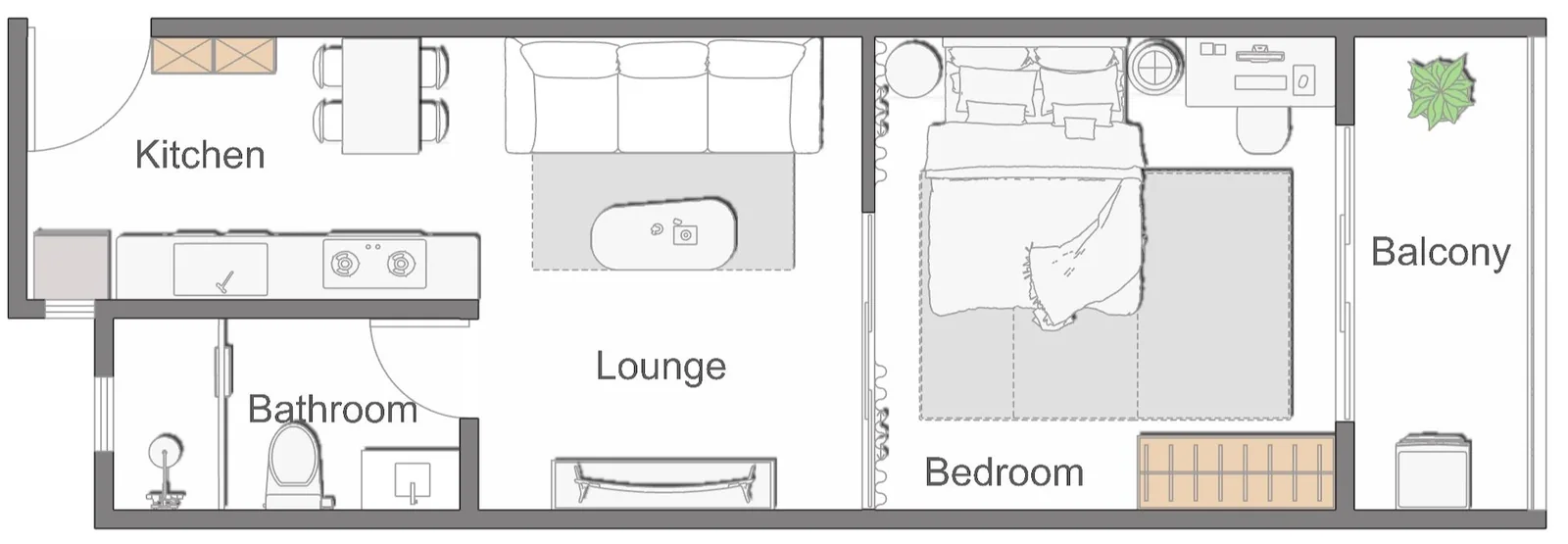 One-bedroom floor plan at Anjoy Homes, Upper Hill, showing kitchen, lounge, bathroom and balcony.