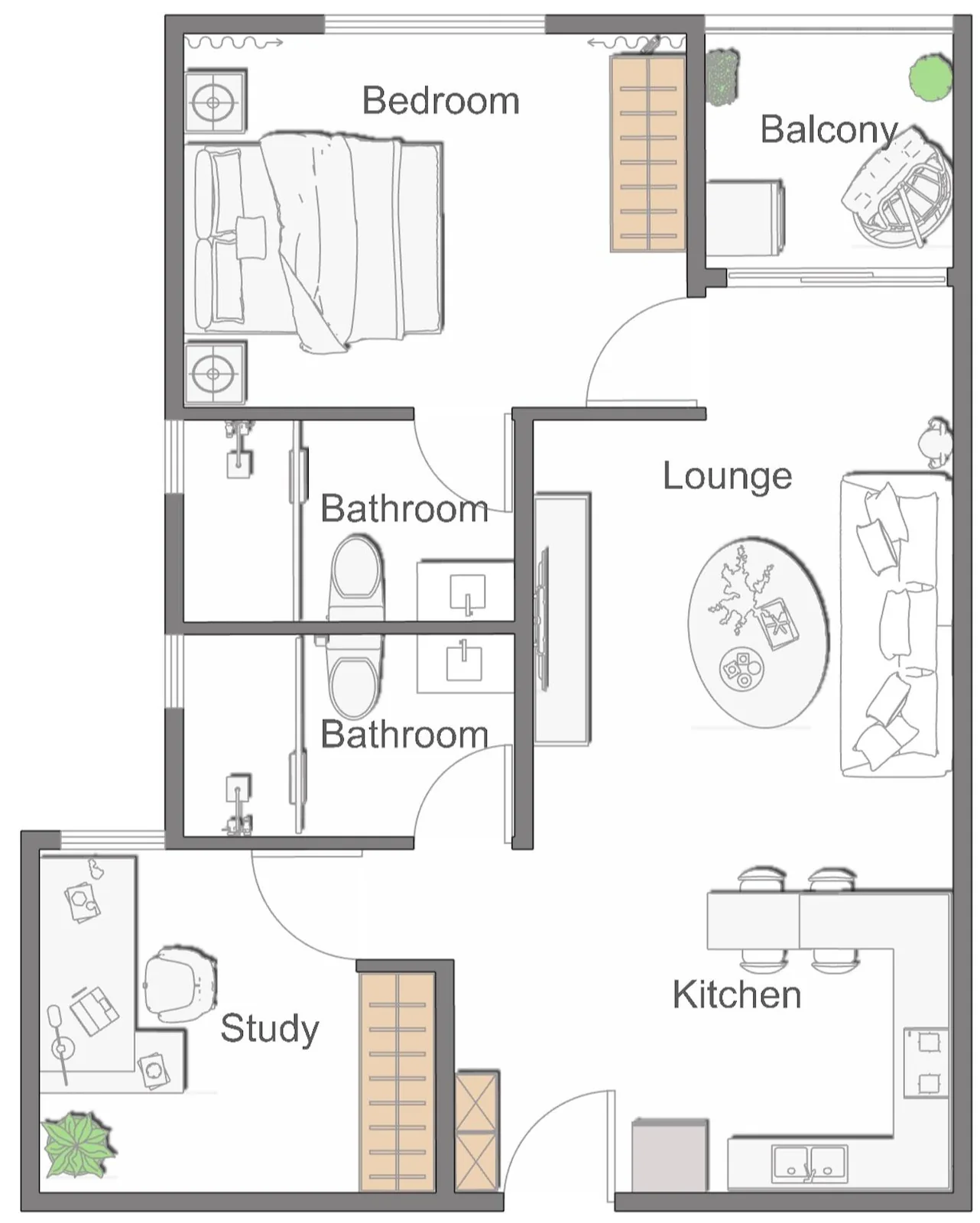 Anjoy Homes Upper Hill floor plan showing one bedroom, study, two bathrooms, lounge, kitchen and balcony.