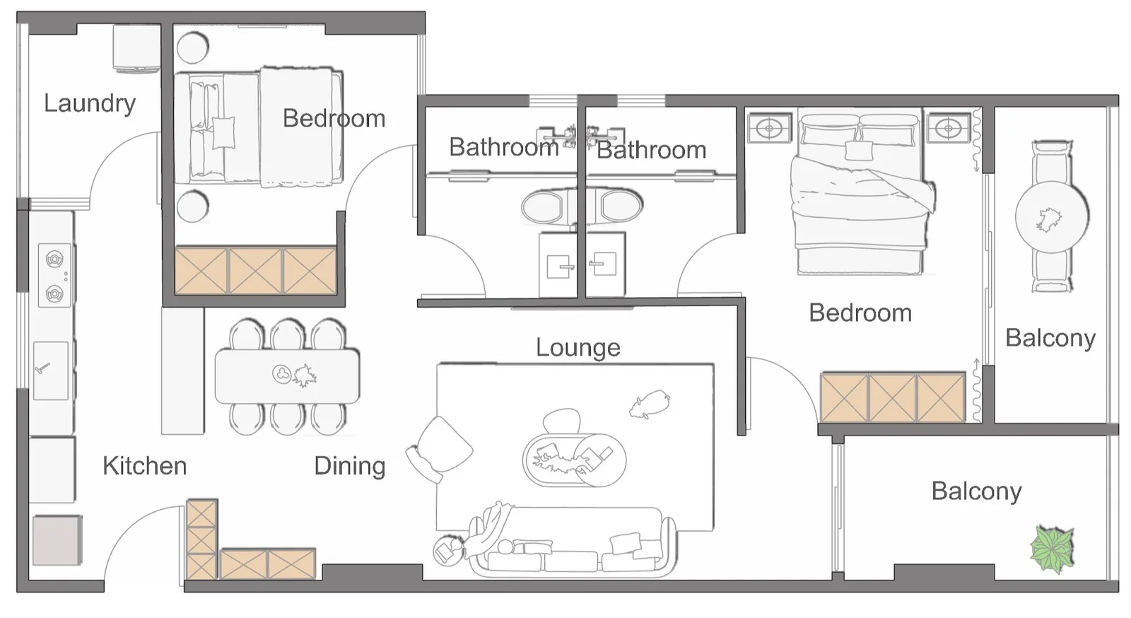 Anjoy Homes Upper Hill two-bedroom floor plan with two bathrooms, kitchen, lounge, laundry and two balconies.