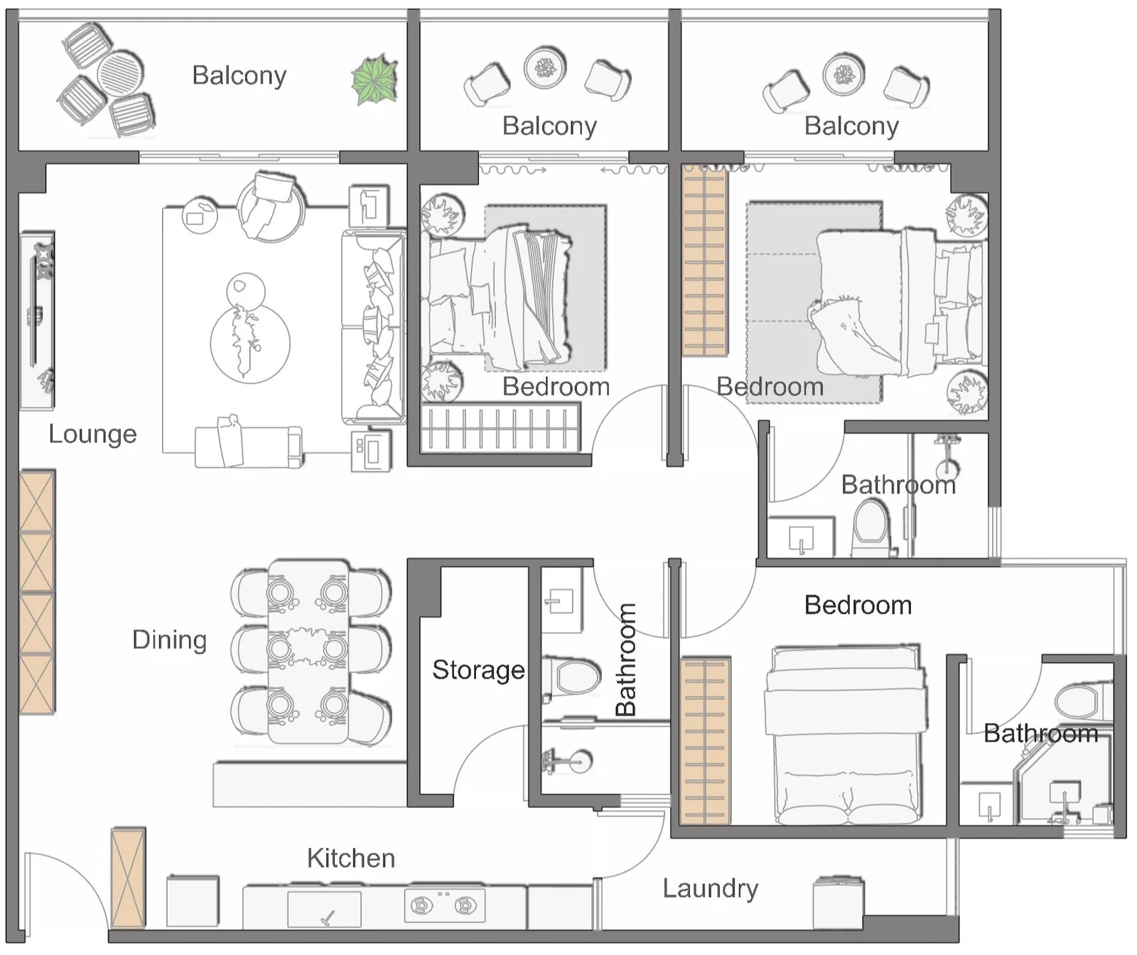 Three-bedroom floor plan at Anjoy Upper Hill, showing balconies, lounge, dining area, kitchen and laundry.