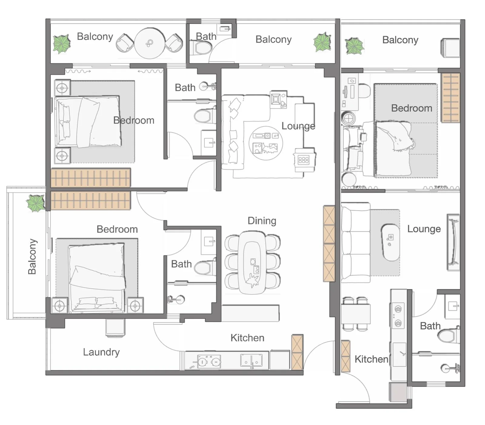 Three-bedroom floor plan at Anjoy Upper Hill with two lounges, two kitchens, balconies and laundry space.