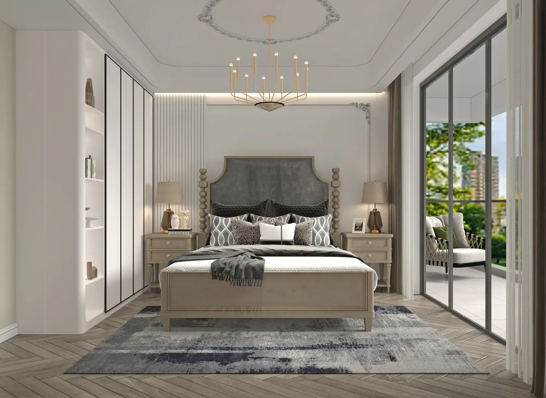 Bedroom rendering at Aria Capital Residency with an upholstered headboard, chandelier, fitted wardrobes and sliding balcony doors.