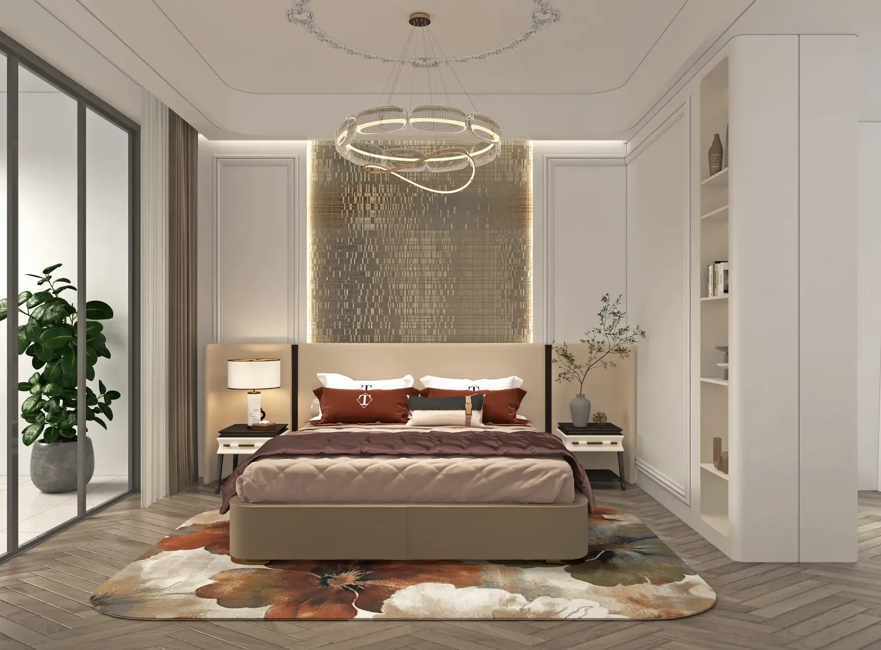 Bedroom rendering at Aria Capital Residency with an upholstered bed, circular pendant light and floral rug.