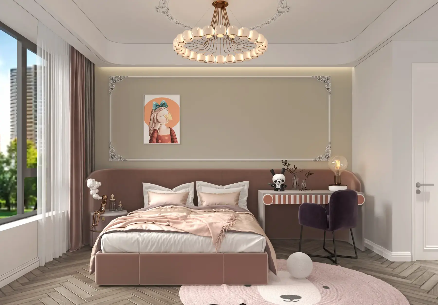 Bedroom rendering at Aria Capital Residency with a pink upholstered bed, desk and circular chandelier.