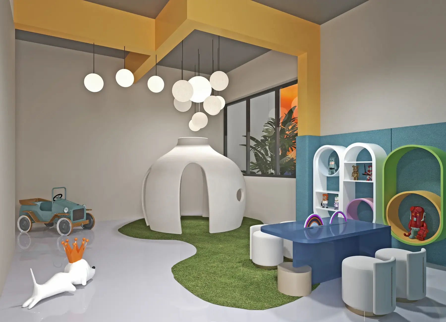 Children's play area rendering at Aria Capital Residency with a dome playhouse, blue table and toy shelves.