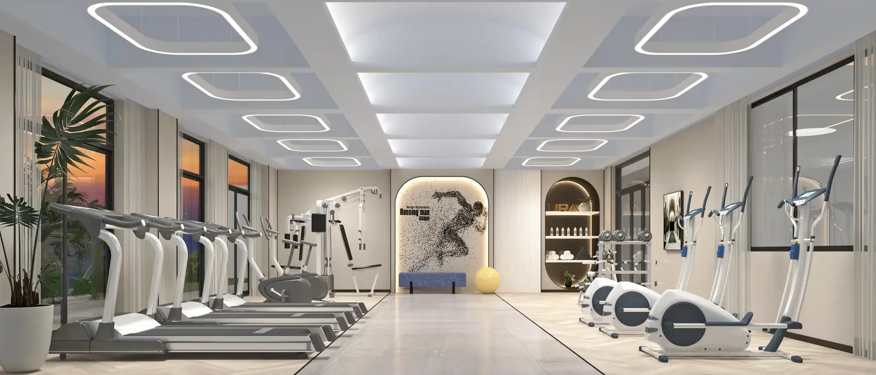 Gym rendering at Aria Capital Residency with treadmills, elliptical trainers, weights and large windows.