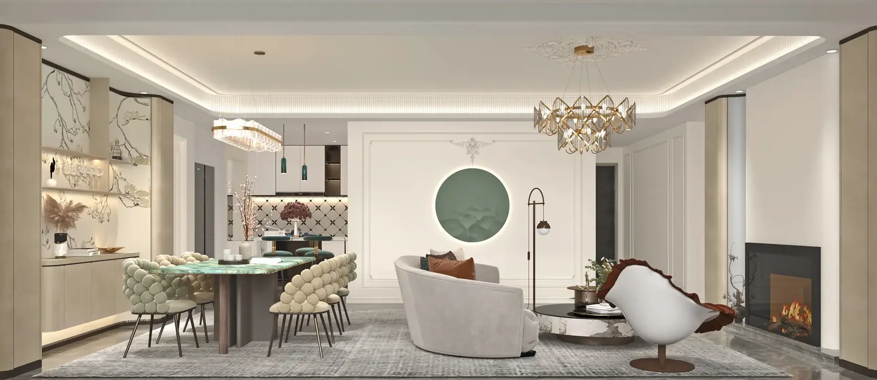 Living and dining area rendering at Aria Capital Residency, with curved seating, chandeliers and a fireplace.