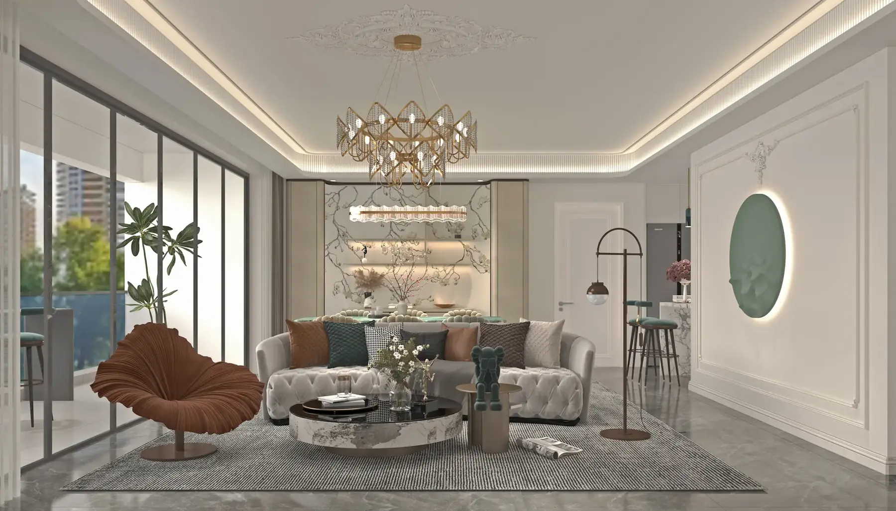 Aria Capital Residency living room rendering with a sofa, round coffee table, chandelier and adjacent dining area.