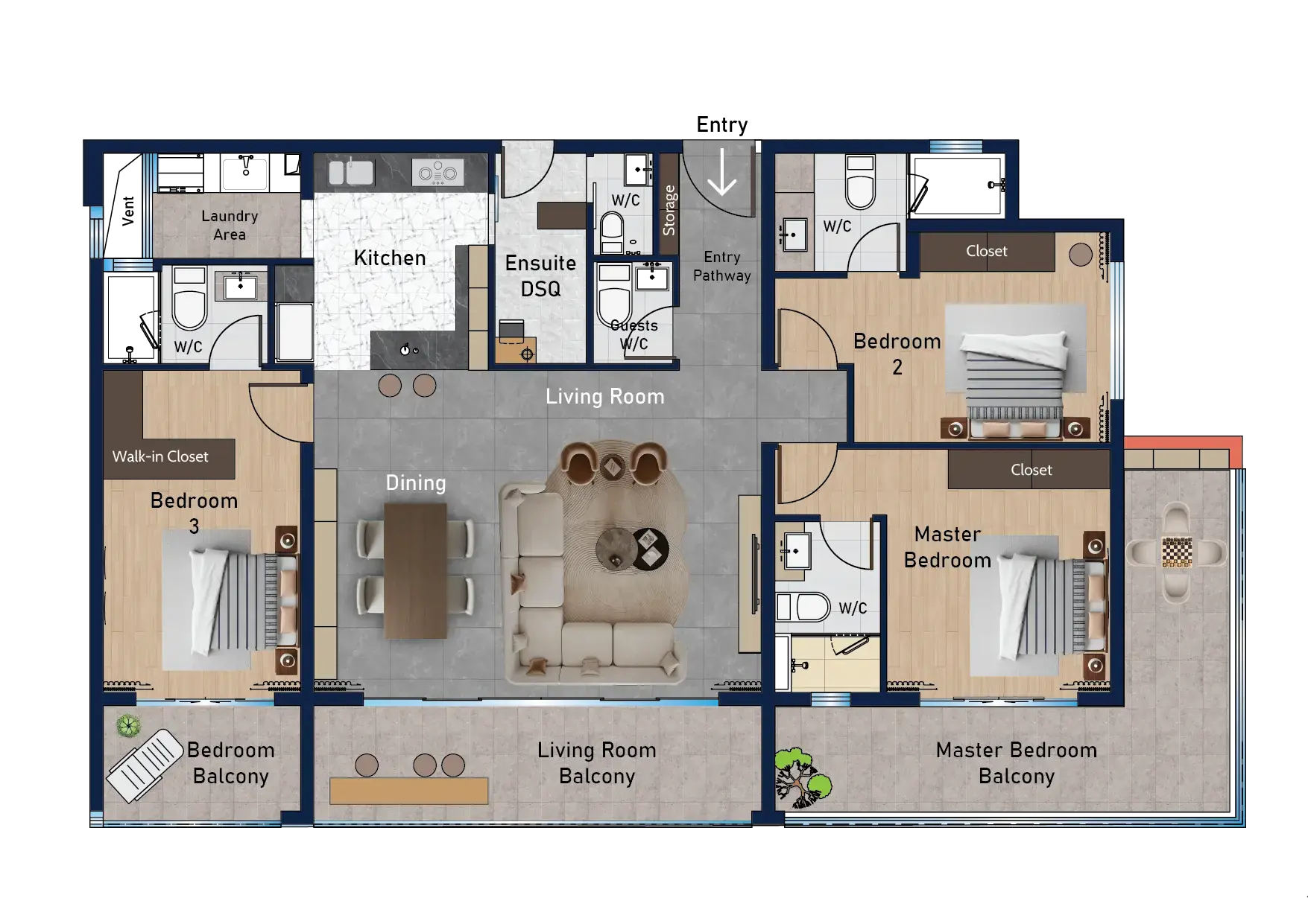 Three-bedroom floor plan at Aria Capital Residency with ensuite staff quarters, living and dining areas, and balconies.