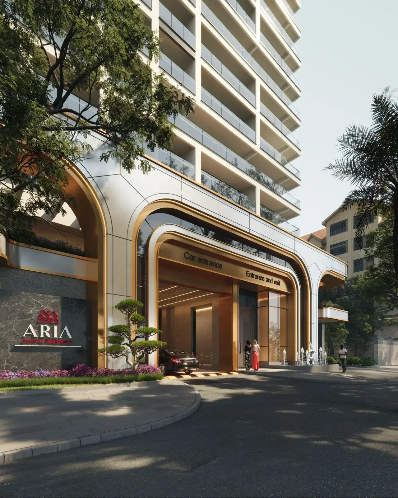 Aria Capital Residency entrance rendering in Upper Hill, showing gold-trimmed arches, glass balconies and landscaping.