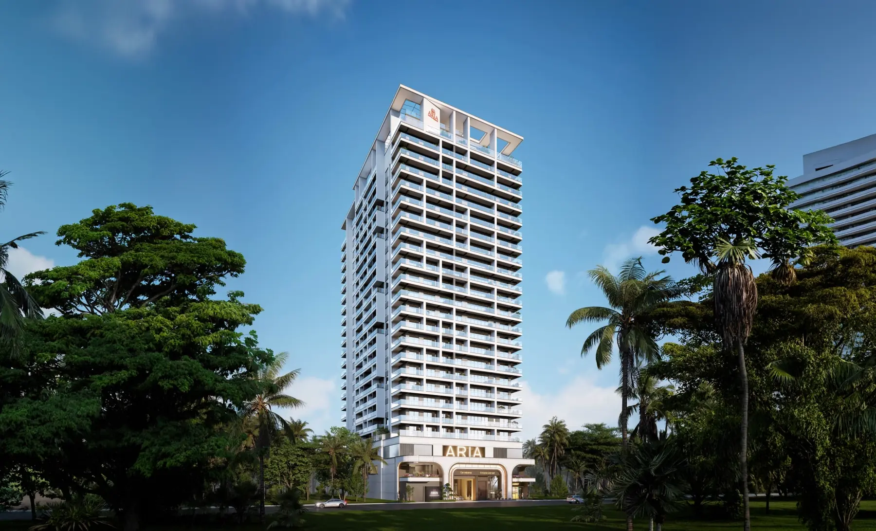Aria Capital Residency exterior rendering in Upper Hill, showing a tall apartment tower with balconies and surrounding trees.