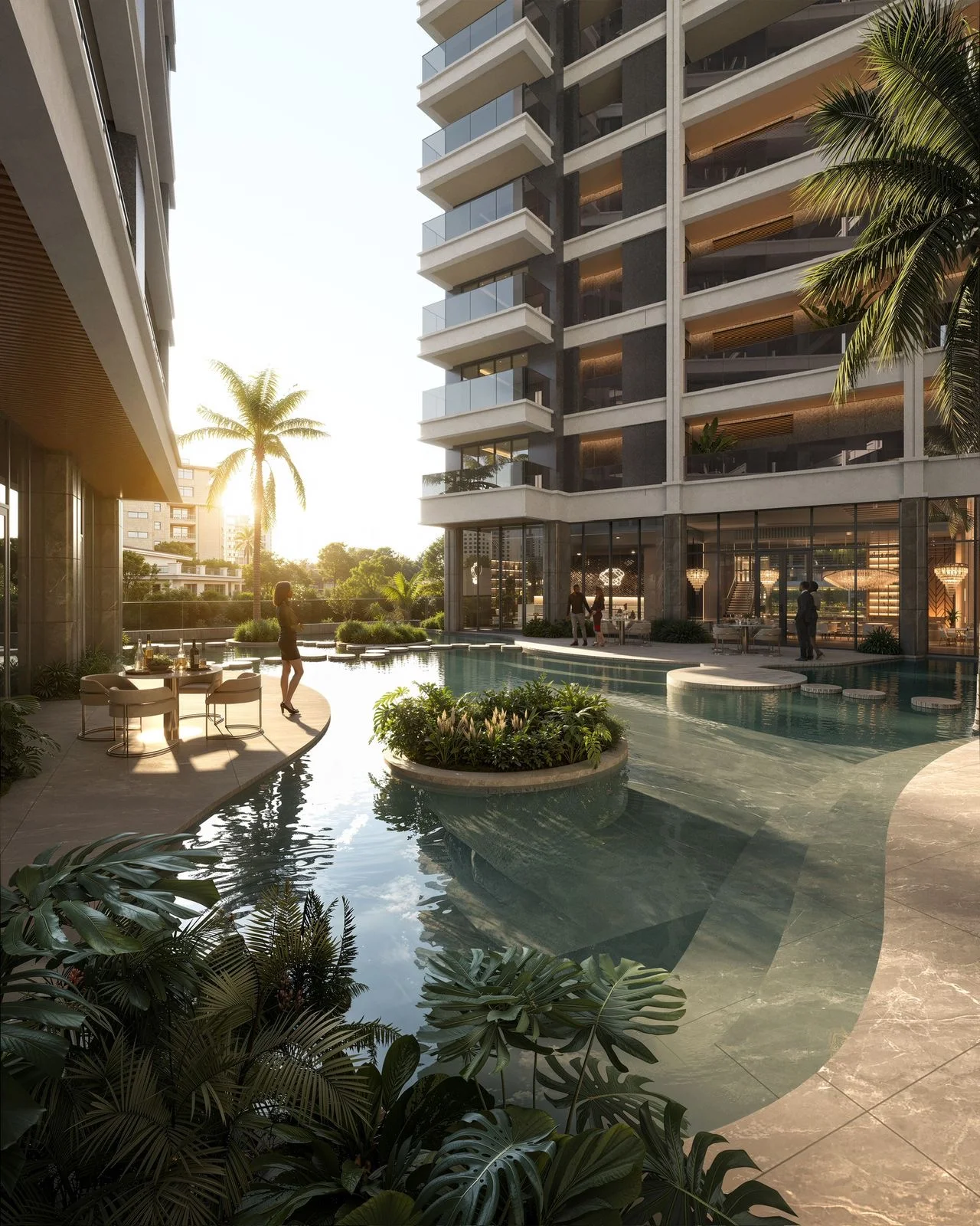 Courtyard rendering at Balkis Residences with a water feature, tropical planting, outdoor seating and glass-railed balconies.