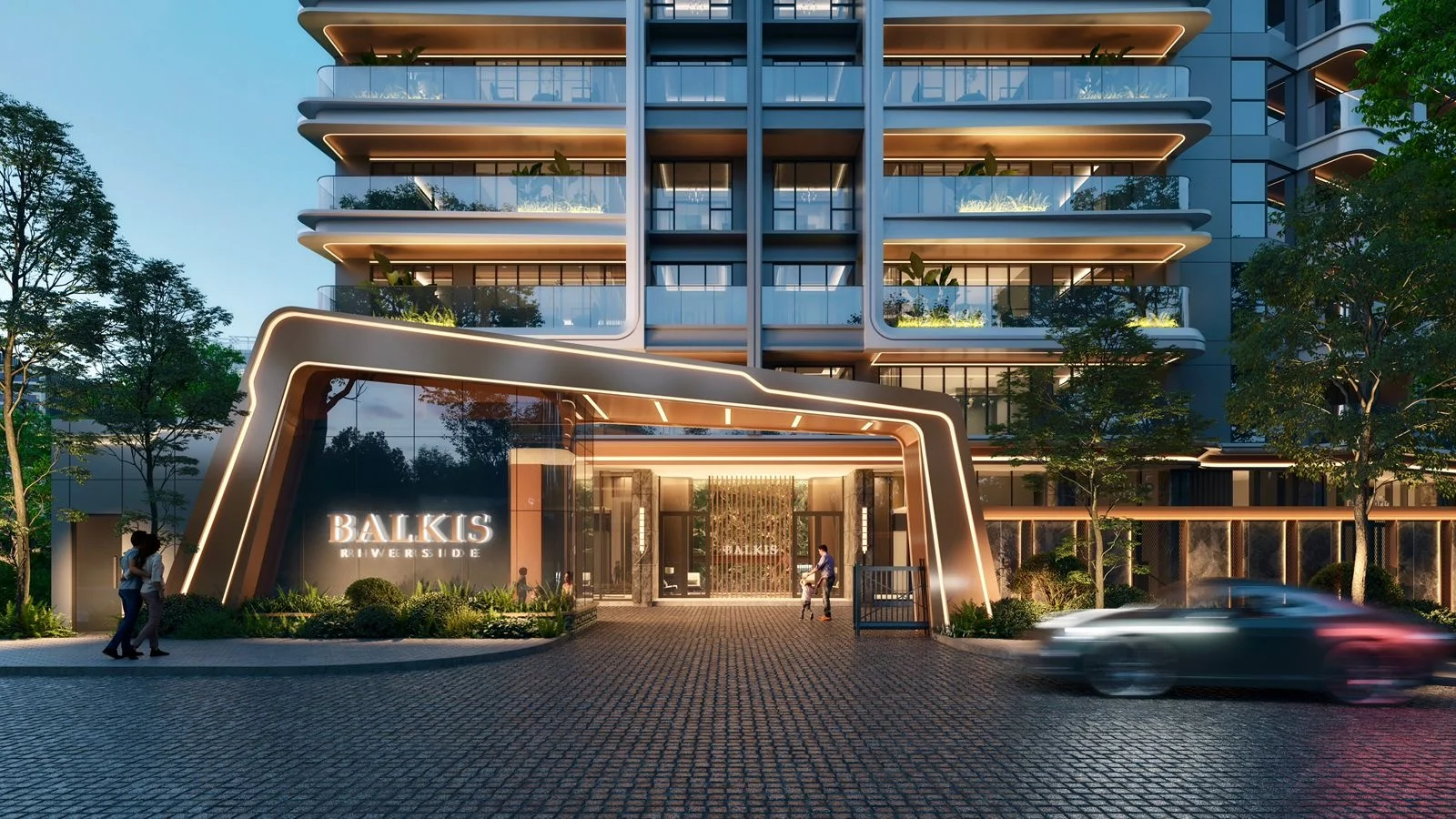 Rendering of Balkis Residences Riverside with an illuminated entrance canopy, glass balconies and surrounding greenery.