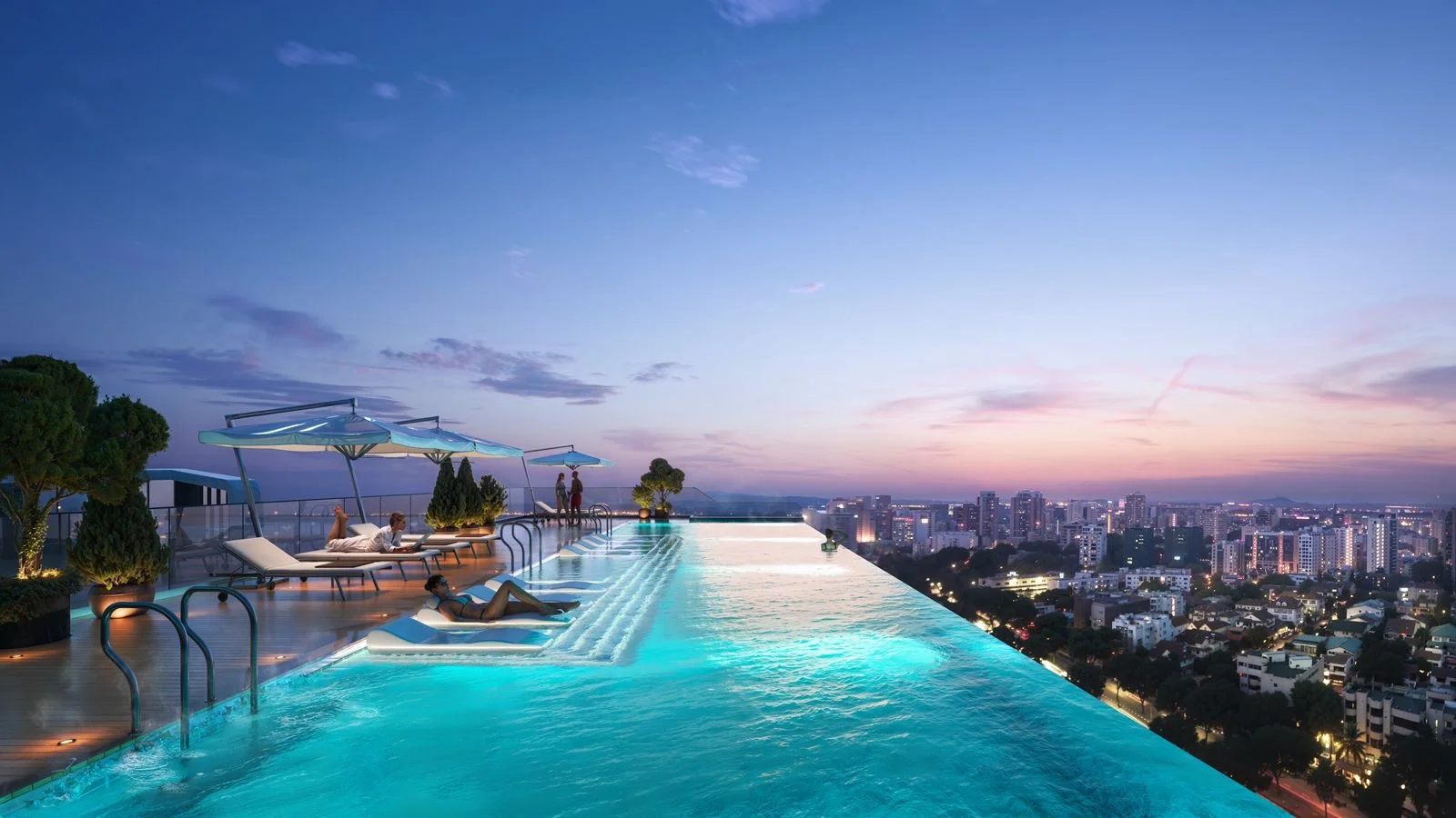 Rooftop infinity pool rendering at Balkis Residences, with sun loungers and a city skyline at dusk.