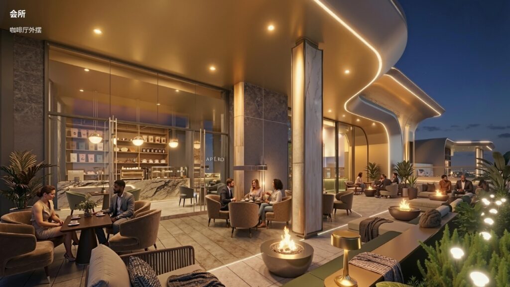 Evening rendering of Baraka Capital Residency’s café terrace with outdoor seating, fire bowls and curved canopy lighting.