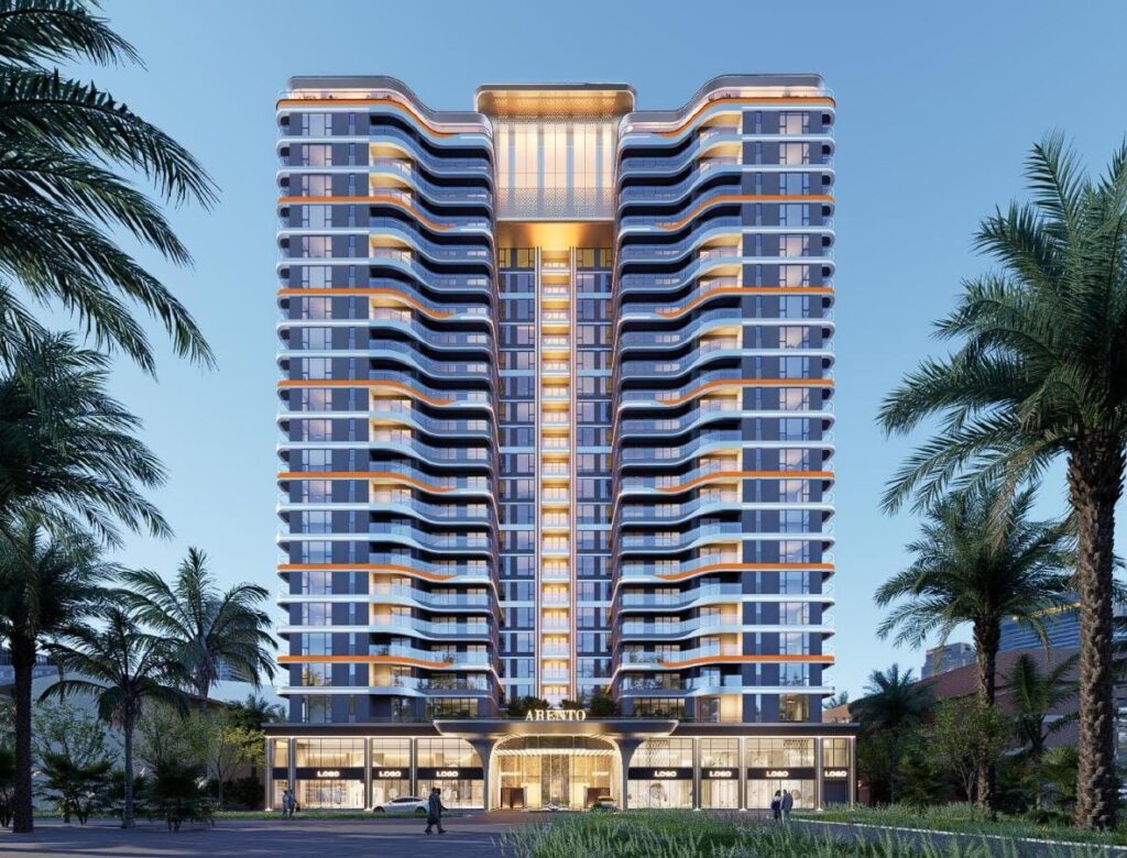 Exterior rendering of Baraka Capital Residency with curved balconies, an illuminated entrance and surrounding palm trees.