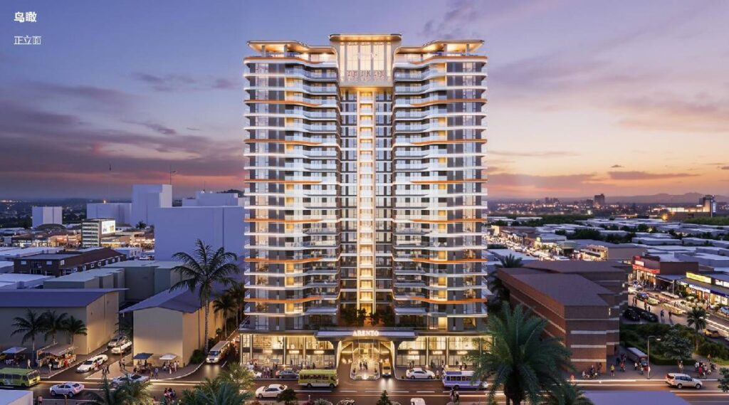 Exterior rendering of Baraka Capital Residency in Kilimani, with curved balconies and an illuminated facade at dusk.