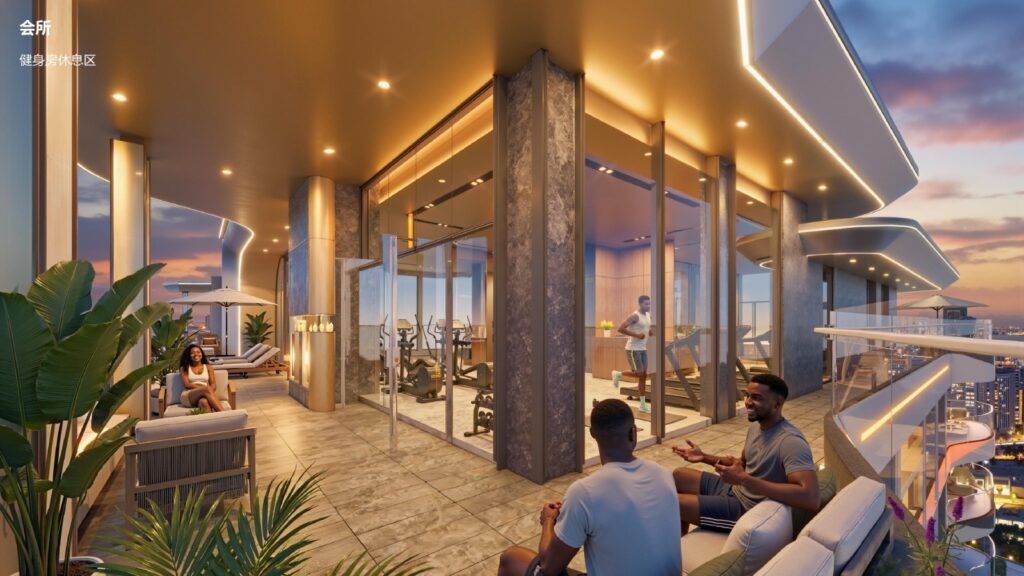 Rendering of Baraka Capital Residency’s glass-enclosed gym and terrace with outdoor seating and plants at dusk.