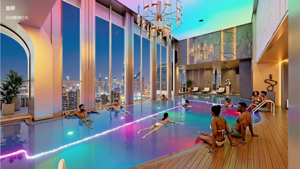 Indoor pool rendering at Baraka Capital Residency with swimmers, chandeliers, tall windows and colourful lighting.