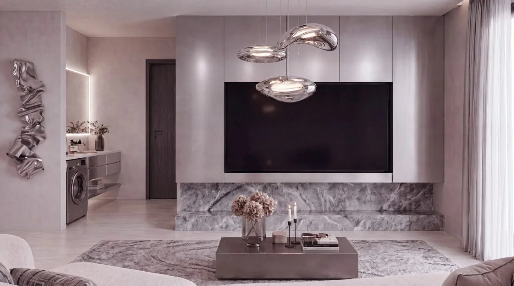 Living room rendering at Belmont Residence, Kilimani, with a large television, pendant lights and a coffee table.