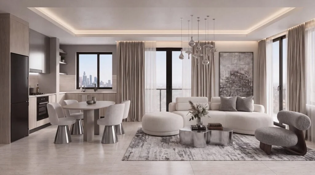 Belmont Residence interior rendering with an open-plan kitchen, dining table and cream living room seating.