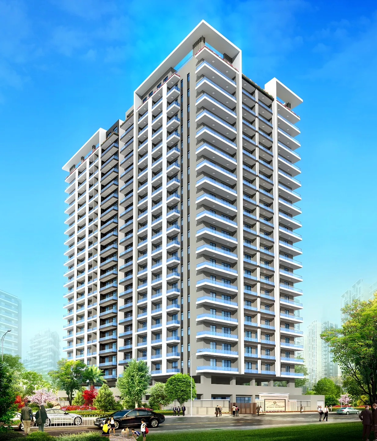 Exterior rendering of Berkeley Westlands apartments in Nairobi, with glass-railed balconies and landscaped grounds.
