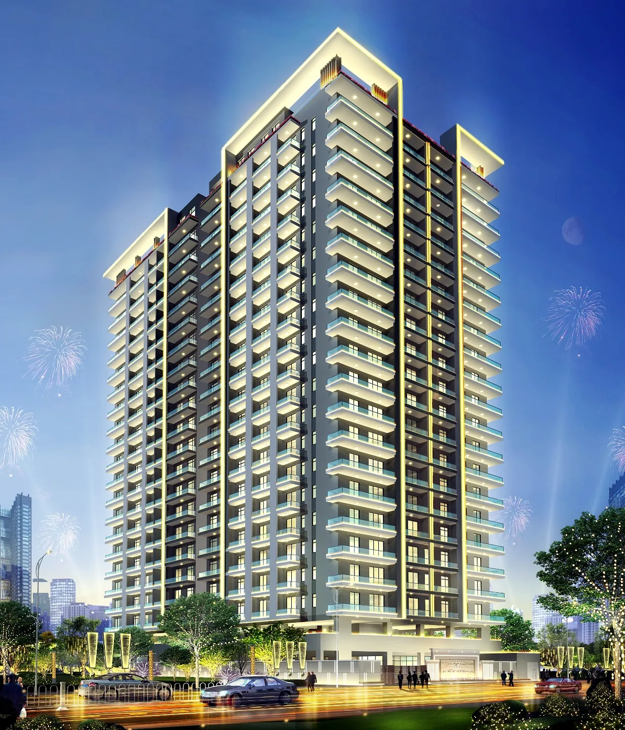 Evening rendering of Berkeley Westlands apartments with glass-railed balconies, illuminated facades and a street-level entrance.