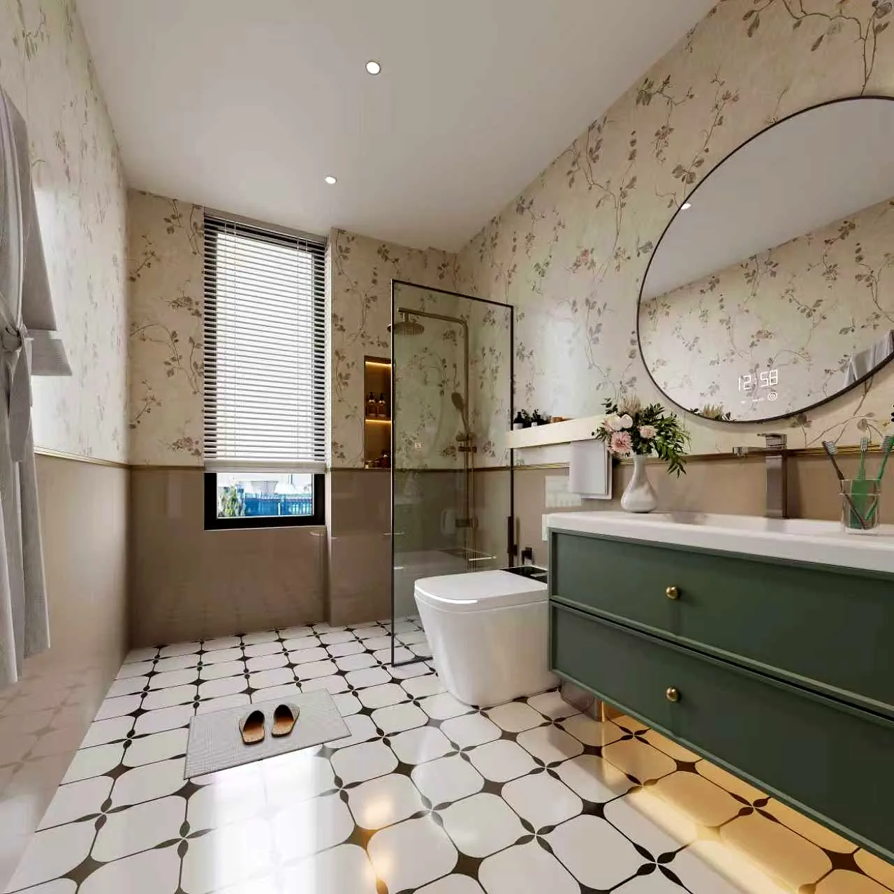 Berkeley Westlands bathroom with a green vanity, large mirror, glass shower screen and patterned floor tiles.
