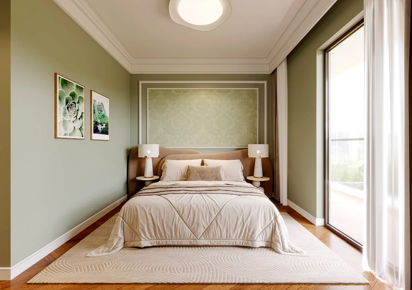 Bedroom rendering at Berkeley Westlands with green walls, an upholstered bed, bedside lamps and sheer curtains.