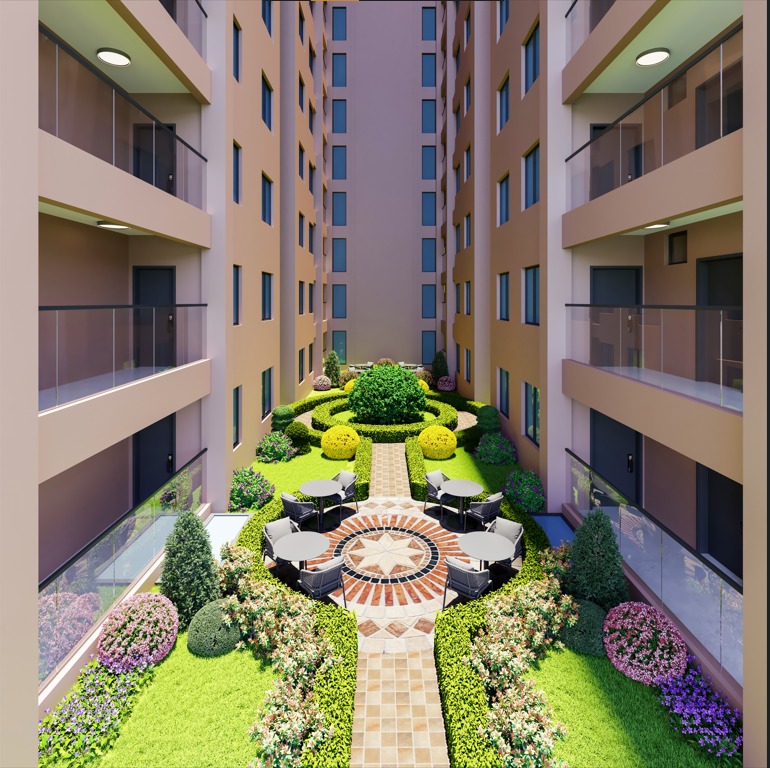Rendered courtyard at Berkeley Westlands with landscaped gardens, outdoor seating, tiled paths and glass-railed balconies.