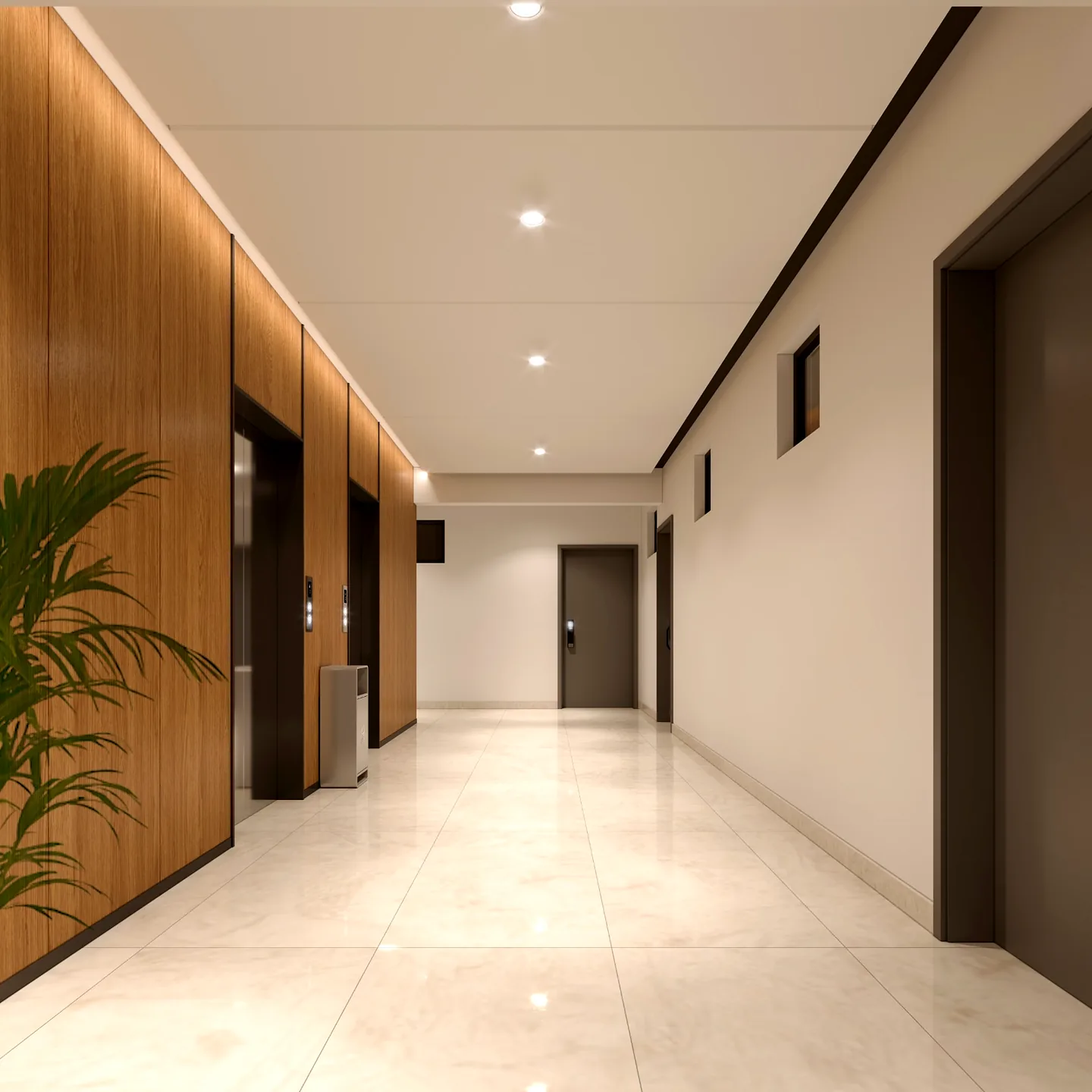 Berkeley Westlands lift lobby rendering with wood-effect wall panels, tiled flooring and recessed ceiling lights.