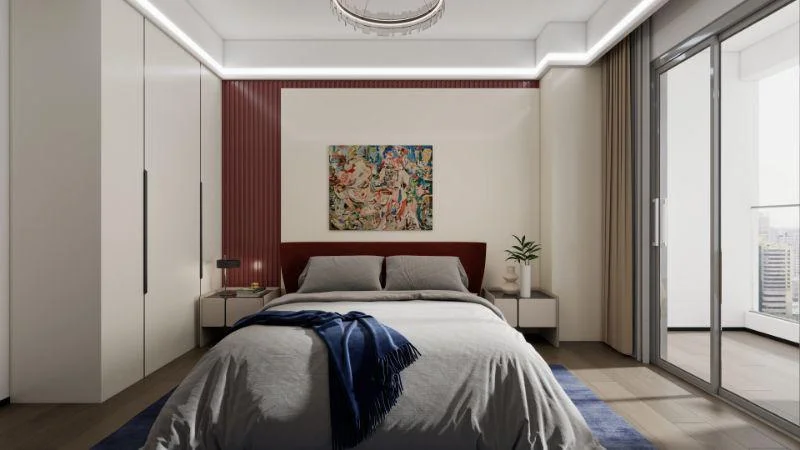 Bedroom rendering at Calla Residency, Westlands, with fitted wardrobes, grey bedding and sliding glass doors.