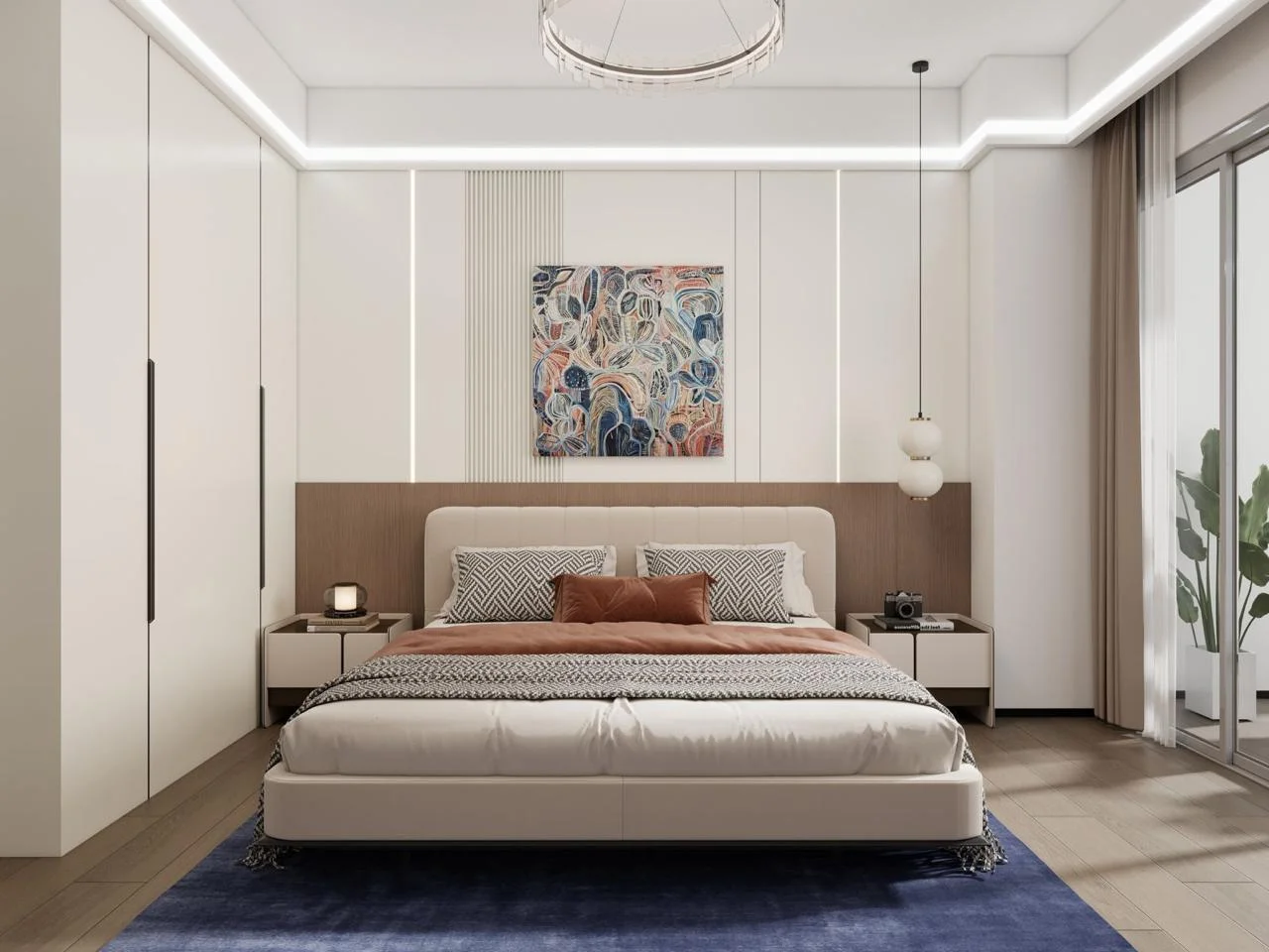 Bedroom rendering at Calla Residency, Westlands, with an upholstered bed, built-in wardrobes and abstract artwork.