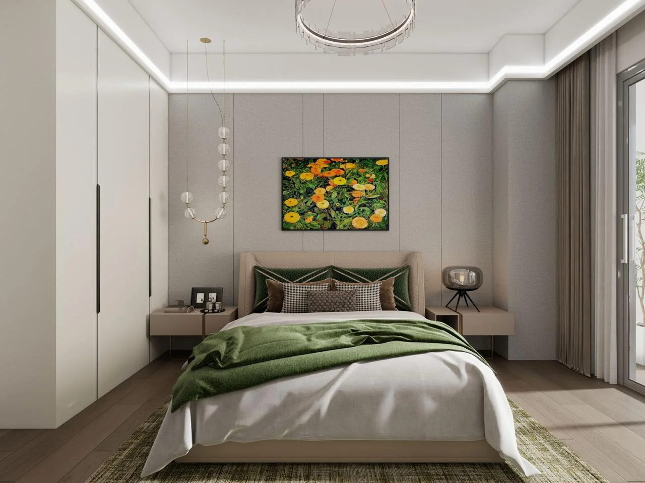 Bedroom rendering at Calla Residency, Westlands, with fitted wardrobes, a green throw and floral wall art.