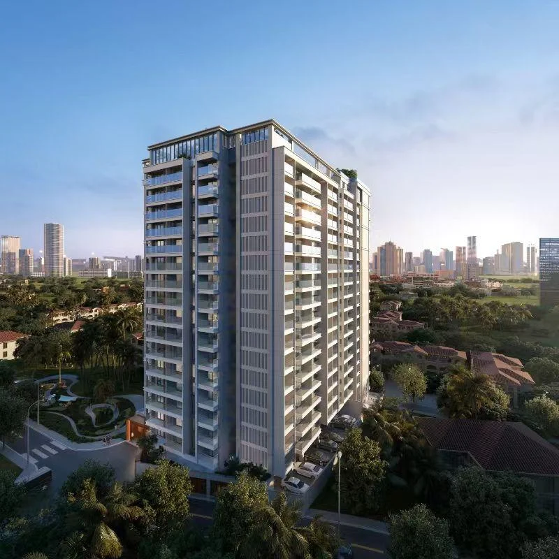 Exterior rendering of Calla Residency in Westlands, showing a high-rise apartment building with balconies and surrounding greenery.