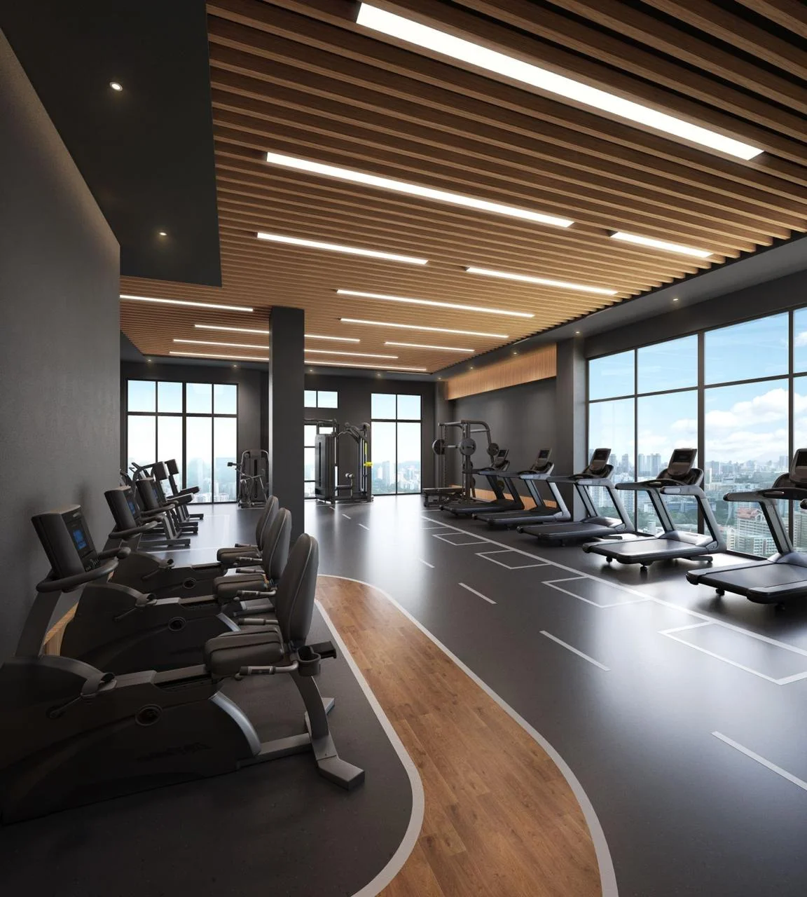 Gym rendering at Calla Residency, Westlands, with treadmills, exercise bikes and large windows overlooking the city.