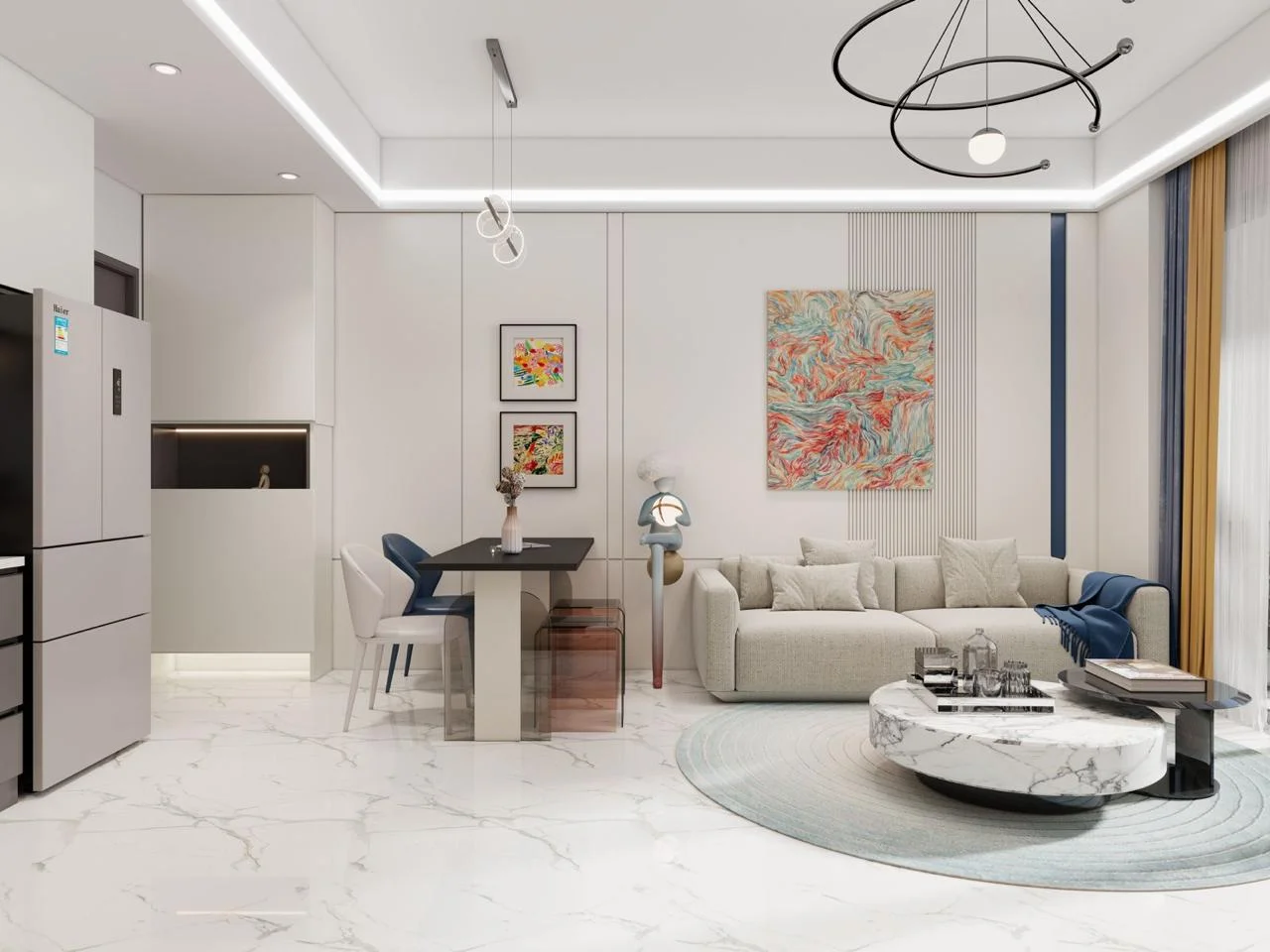Living and dining area rendering at Calla Residency, Westlands, with a sofa and round coffee table.