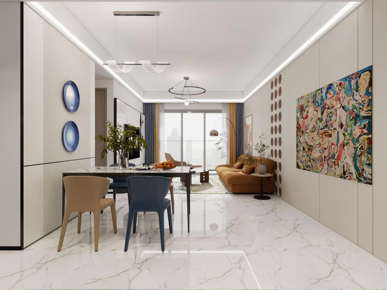 Open-plan living and dining area rendering at Calla Residency, Westlands, with an ochre sofa and colourful artwork.