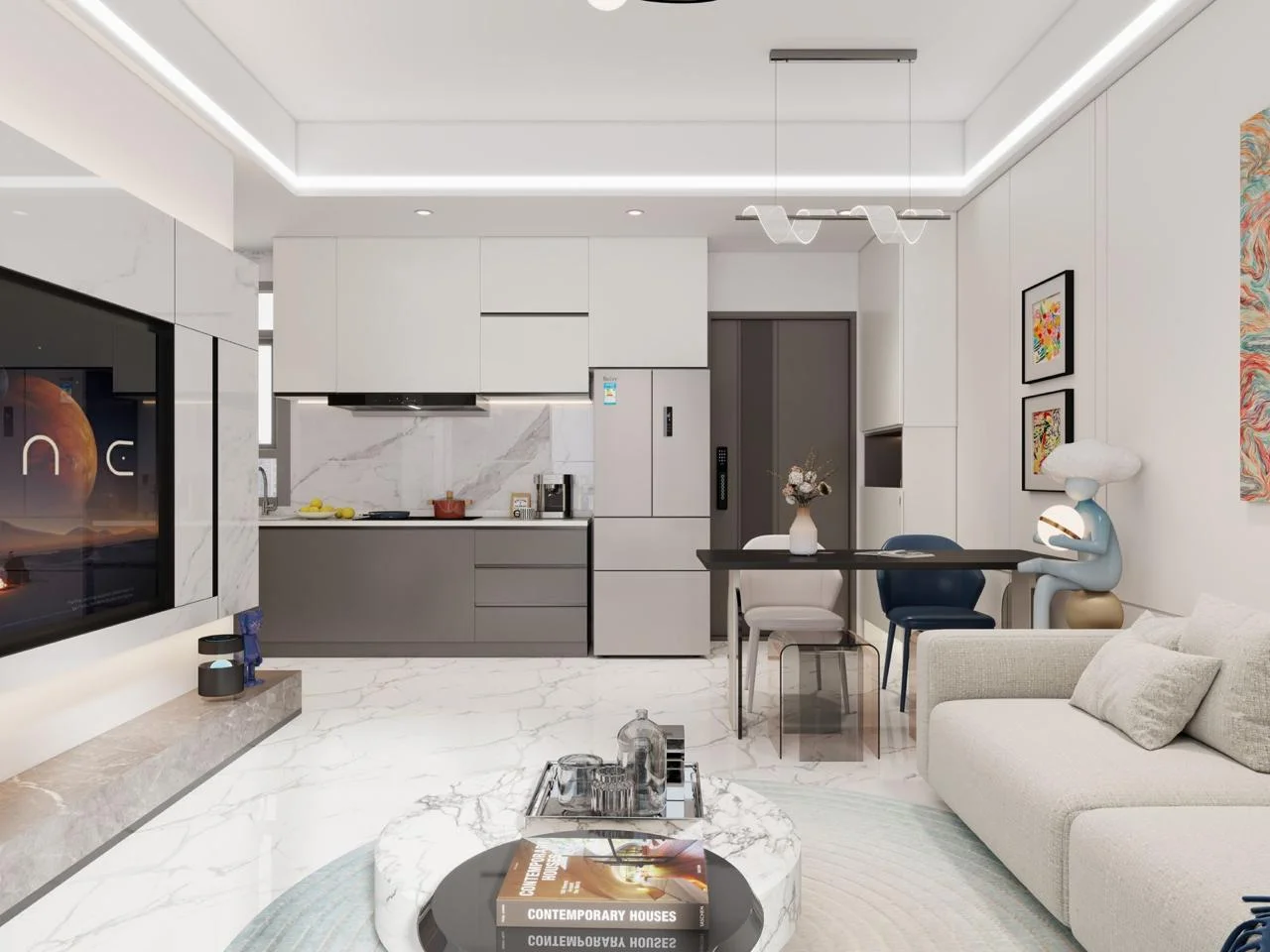Open-plan living room rendering at Calla Residency, Westlands, with a kitchen, dining table and cream sofa.