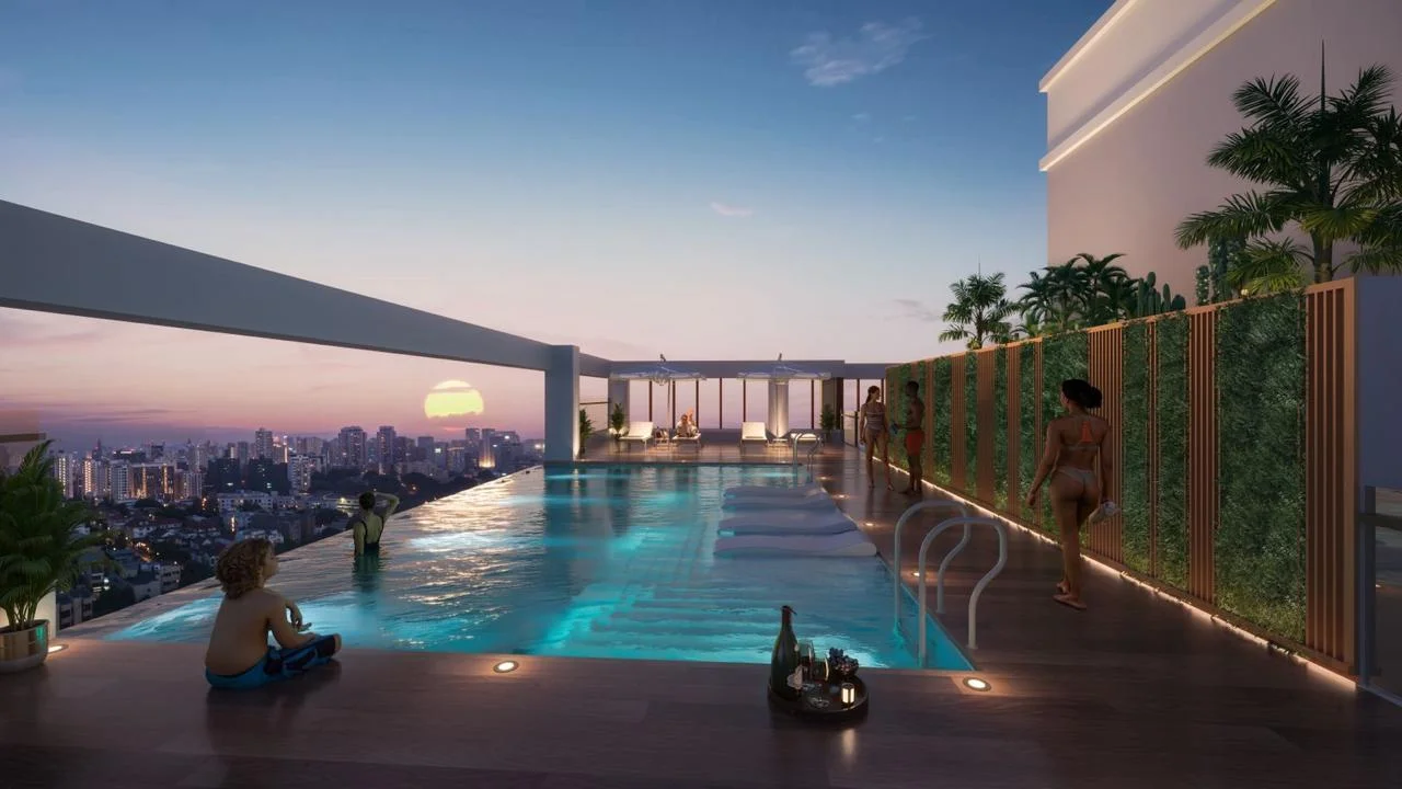 Rendering of Calla Residency’s rooftop swimming pool in Westlands, with greenery and a city skyline at sunset.