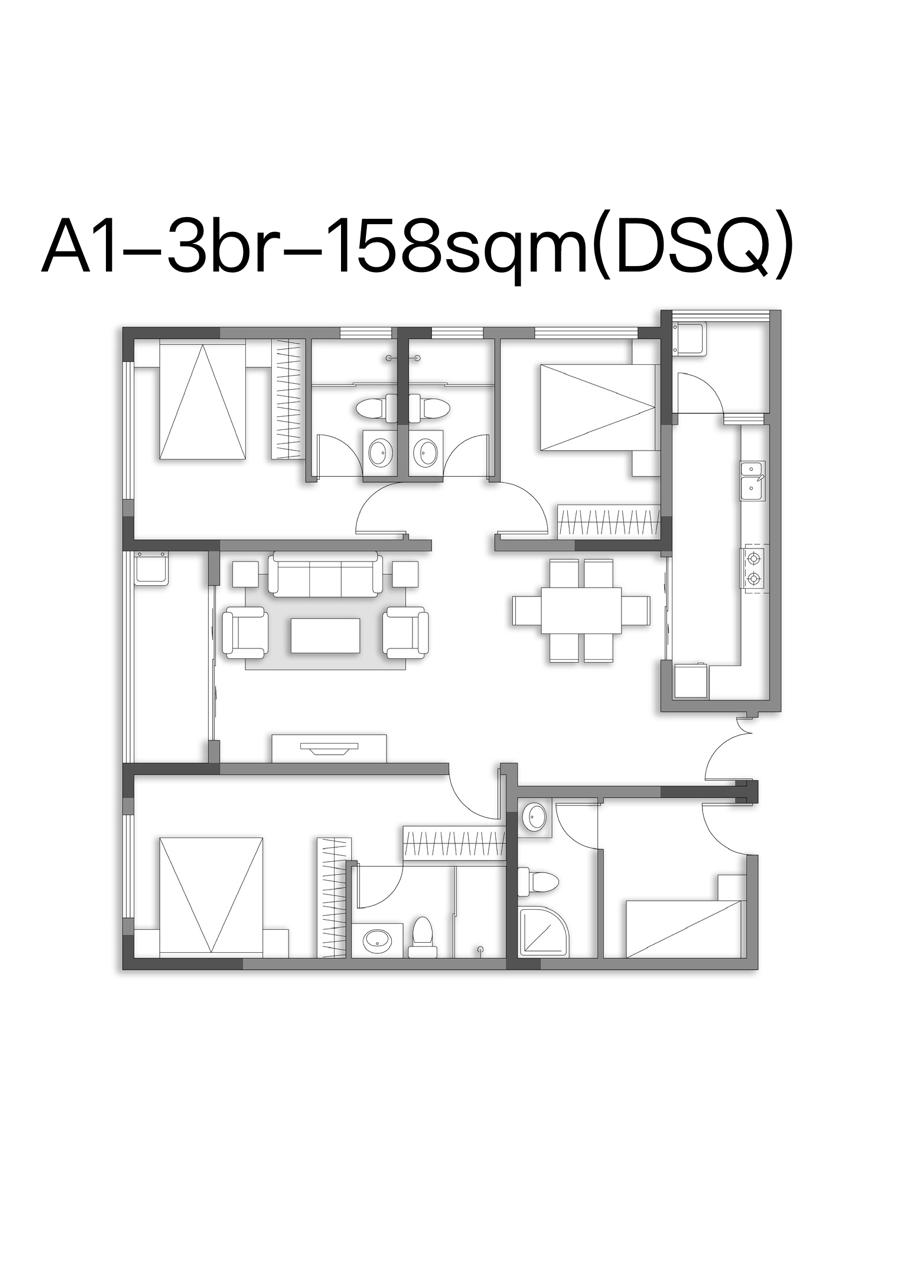 Cambridge Garden A1 158 sqm floor plan showing three bedrooms, staff quarters, kitchen and living-dining area.