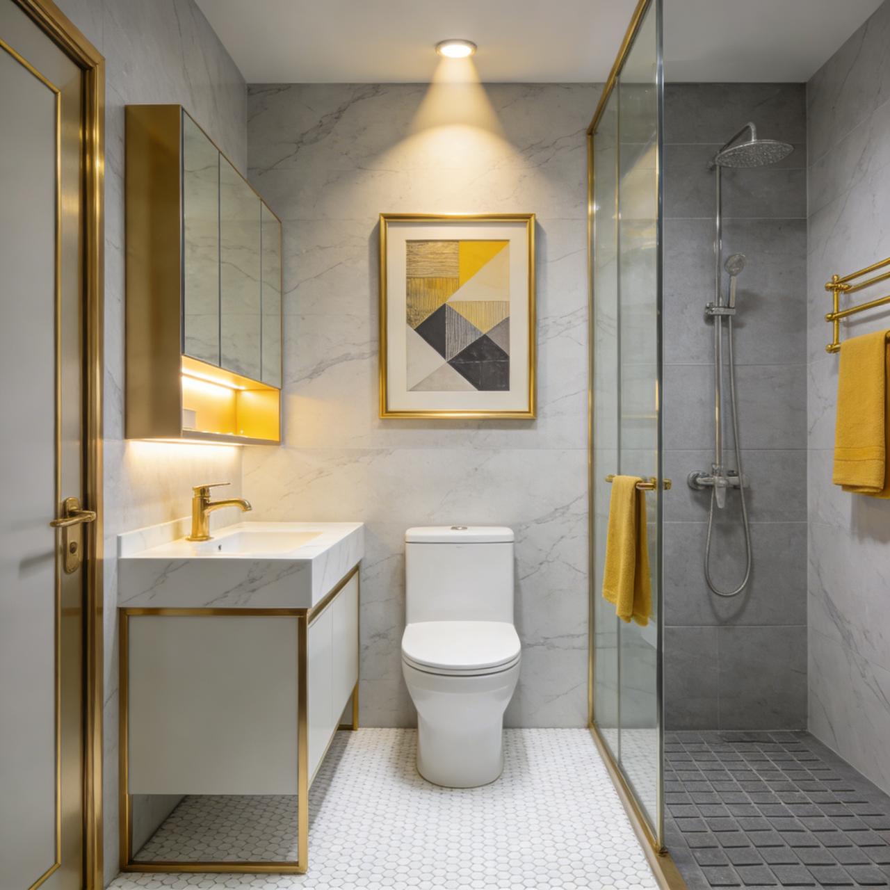 Bathroom at Cambridge Garden Apartments, Kilimani, with a vanity, toilet, glass-enclosed shower and gold-toned fittings.