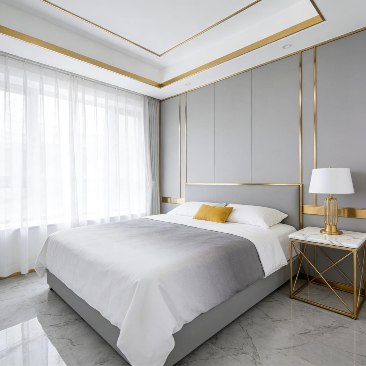 Cambridge Garden bedroom in Kilimani with grey bedding, gold-trimmed wall panels, sheer curtains and a bedside lamp.